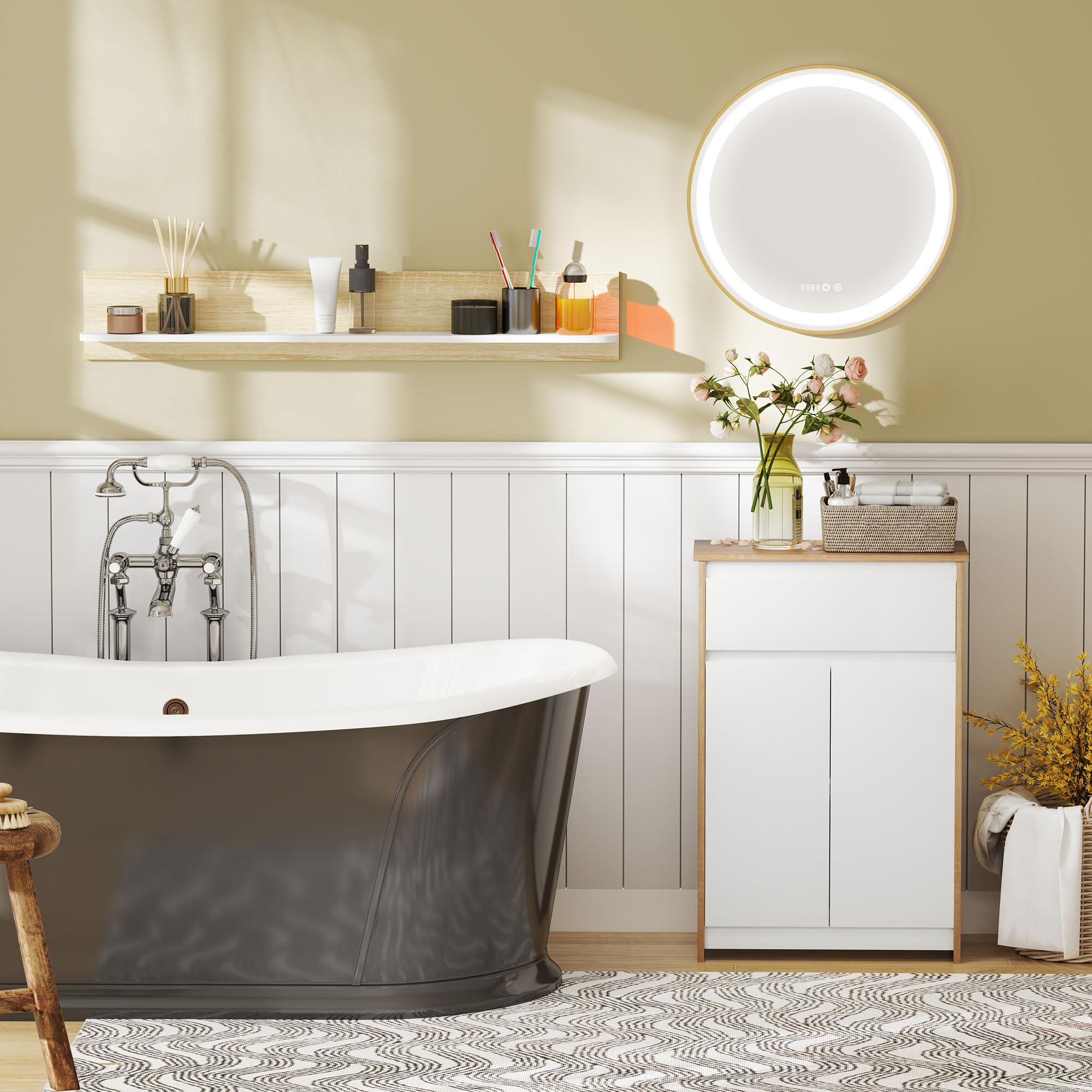 kleankin Espejo de Baño con Luz LED Ø60x4 cm Espejo Redondo 3 Luces Dorado | Interruptor Táctil, Ajustable, Visualización de Temperatura y Hora, Función de Memoria, Marco de Aluminio