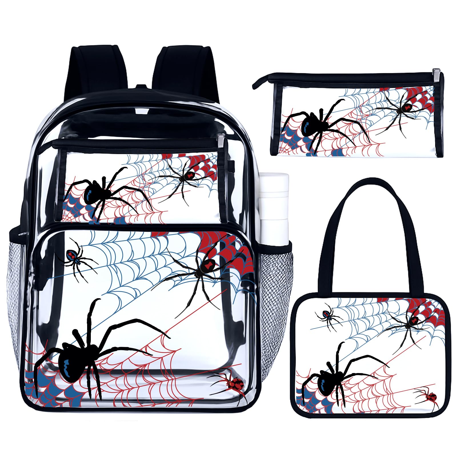Kacctyen 3 Pcs Clear Backpack Heavy Duty Clear Bookbag Transparent Backpack with Lunch Bag(Black,Spider)