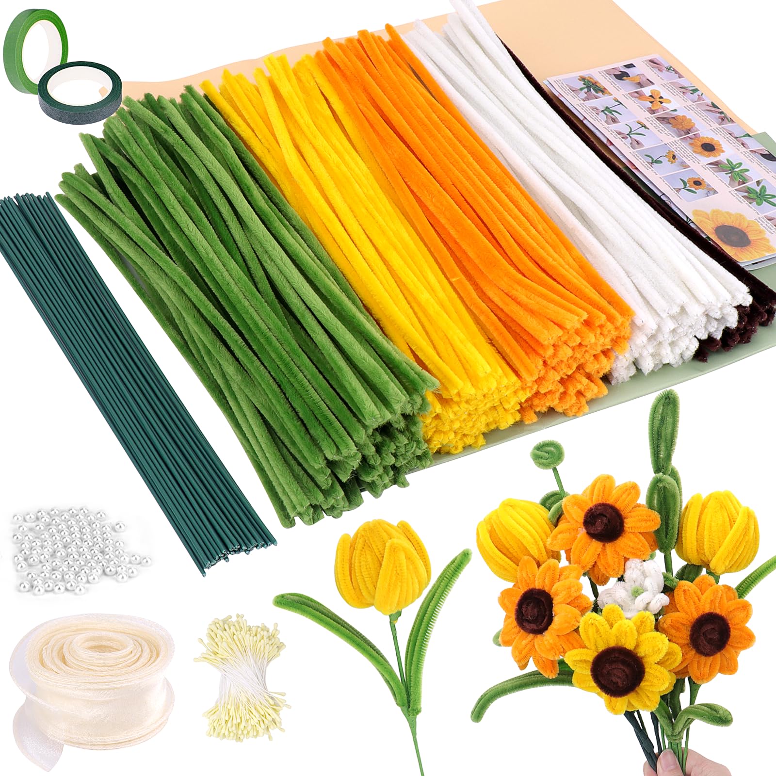 FINEVERNEK Scovolini per Bouquet di Girasole per Artigianato, Set di Fili di Ciniglia per Lavoretti Fiori 5 colori, Guttaperca Verde, Steli per Fiori Finti, per Decorazioni Artigianato, Oro
