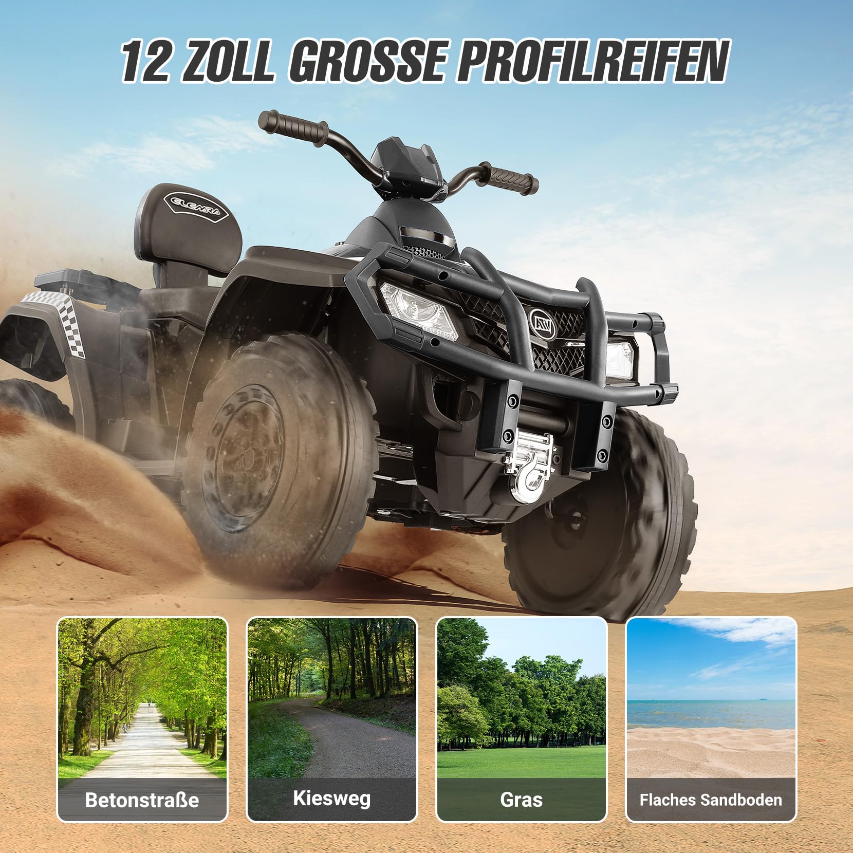 ELEMARA 2 Sitzer Kinder Quad für große Kinder,Elektro Auto Fuer Kinder ab 3 Jahre,6 km/h Höchstgeschwindigkeit,LED-Lichtern,Musik & Hupe,2 gefederten Rädern,Elektroauto für Jungen und Mädchen,Schwarz