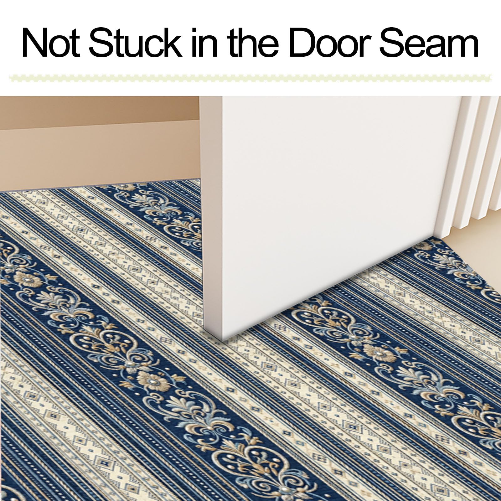 Zerbino Ingresso Interno Eleganti Righe Damascate, Zerbino Di Benvenuto Lavabile Morbida Geometrico Retrò, Antiscivolo Tappeto Da Decorazioni Beige Blu Per Casa Porta D'Ingresso, 90X150Cm