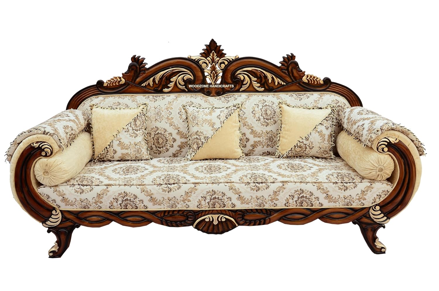 WOODZONE HANDICRAFTS Traditional Carved Wooden Sofa, 3 Seater, Floral Upholstery, Brown (3SEATER11) - Review, Price and Buying Guide