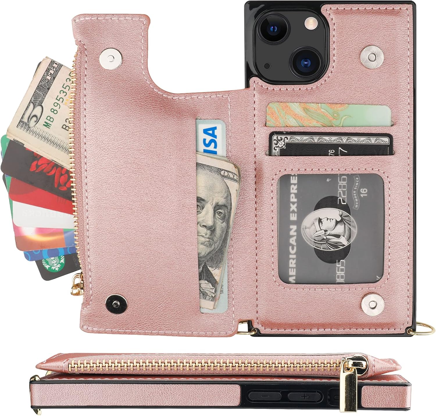 Bocasal Crossbody Wallet Case for iPhone 14/13 with RFID Blocking Card Slot Holder, Magnetic Flip Folio Purse Case, PU Leather Zipper Handbag with Detachable Lanyard Strap 6.1 Inch 5G (Rose Gold)