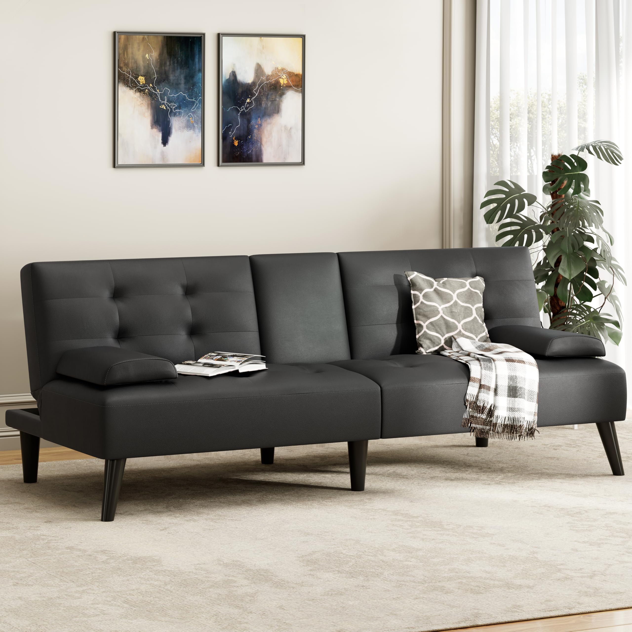 Futon Sofa Bed, 64" Small Futon Couch with Adjustable Backrest, 3-Angle Recliner, Detachable Armrests with Cup Holders for Small Spaces, Living Room, Office, Apartment, (Black Leather)