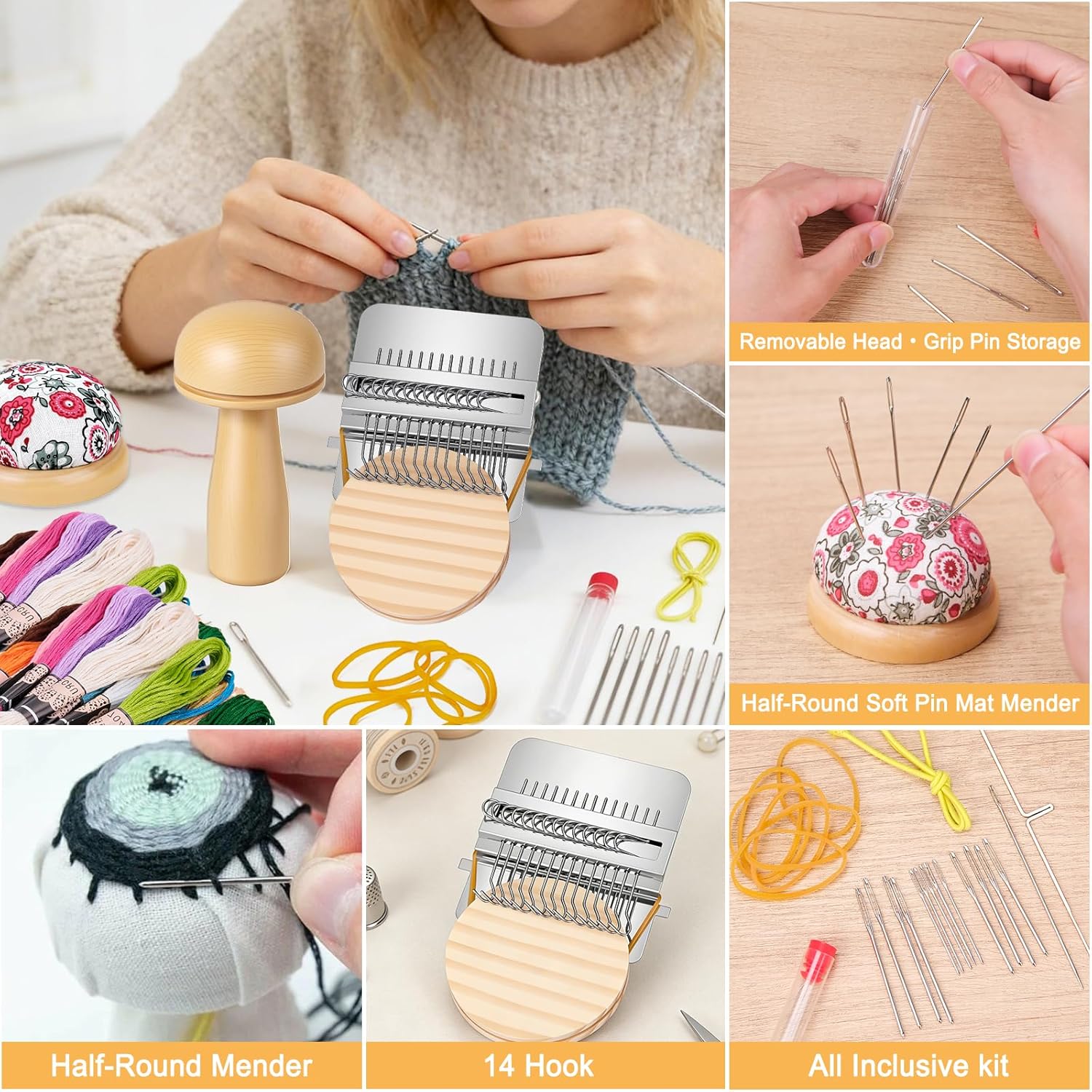 Meetory Knit Patch - Mushroom Mini Darning Loom, Knitpatch Kit with 14 Hooks Small Weaving Loom 14 Pcs Large Eye Needles 50 Color Threads for Handcraft DIY Weaving Repair Tool for Mending Jeans Socks
