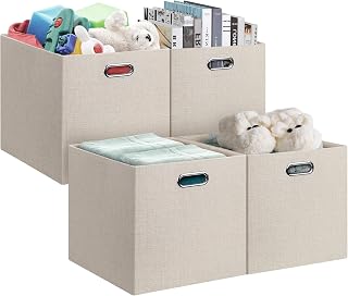 13x15x13in Collapsible Storage Bins, Fabric Foldable Cube Storage Boxes, Decorative Storage Baskets Organizer for IKEA Kallax, Shelves, Closet, Clothes, Toy, Set of 4-Beige