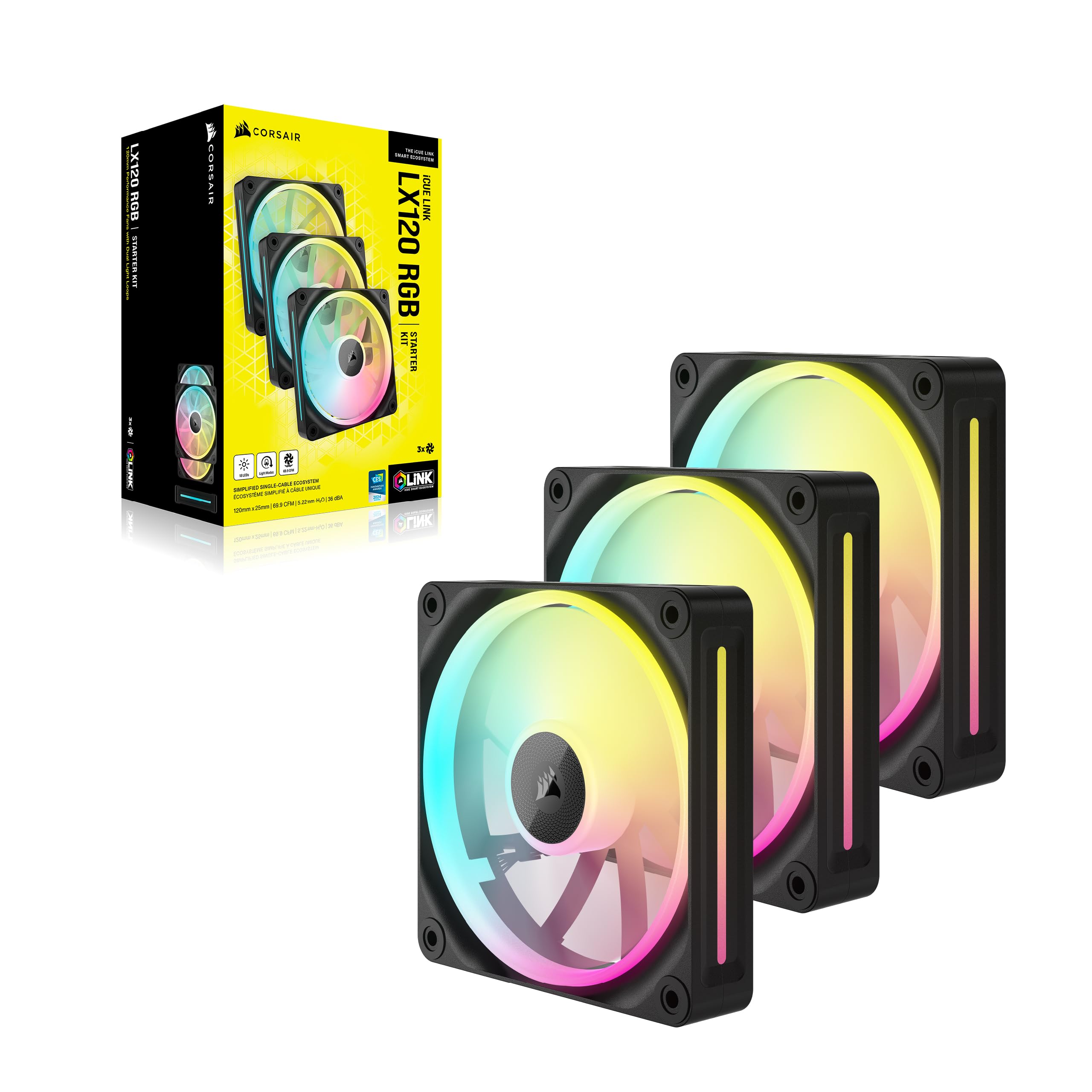 Corsair iCUE LINK LX120 RGB 120mm PWM-Lüfter Dreierpack – Dual Light Loops – Inklusive iCUE LINK System Hub – Corsair AirGuide Technologie – Schwarz