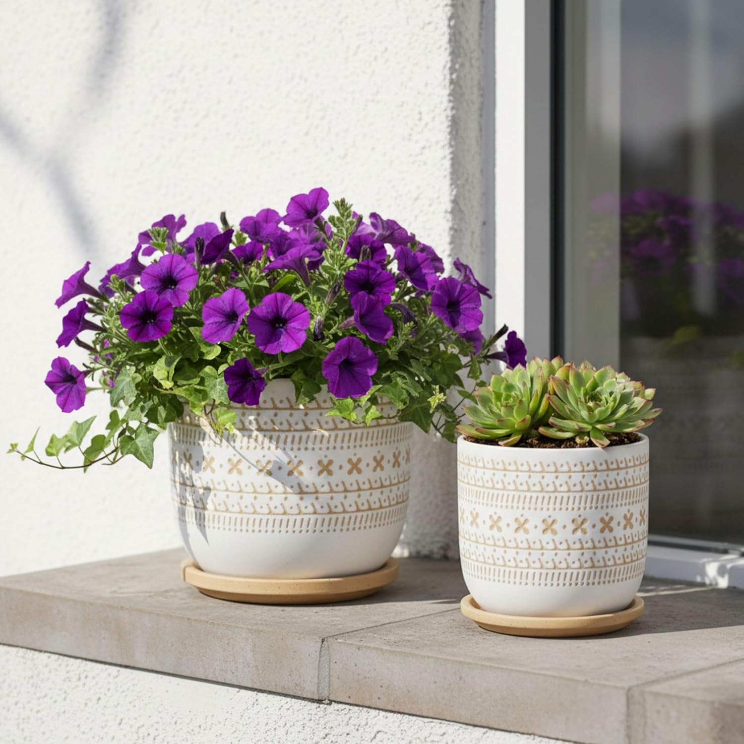 SagebrookHome Boho Ceramic Planter Pots Set of 2 with Drainage Saucers, 8" & 6" Beige - Handcrafted Indoor Outdoor Decor