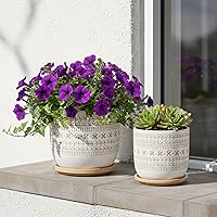 SagebrookHome Boho Ceramic Planter Pots Set of 2 with Drainage Saucers, 8" & 6" Beige - Handcrafted Indoor Outdoor Decor