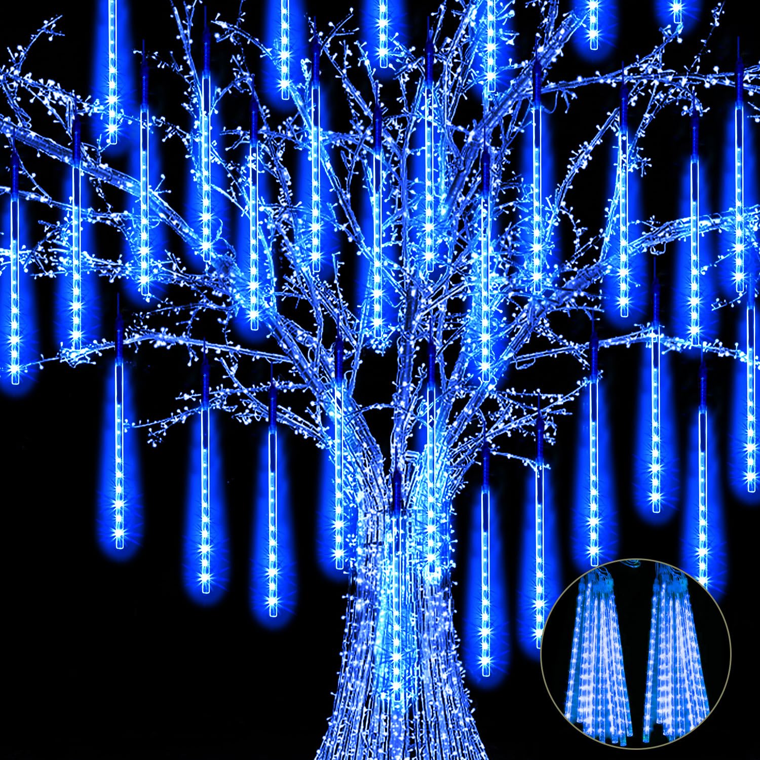 JJGoo 【2 Pack】 Christmas Lights Meteor Shower Rain Lights 20inch, Totally 20 Tube 720 LEDs Icicle Lights Outdoor Raindrop Lights for Xmas Halloween Wedding Party Tree Holiday Decoration,Blue