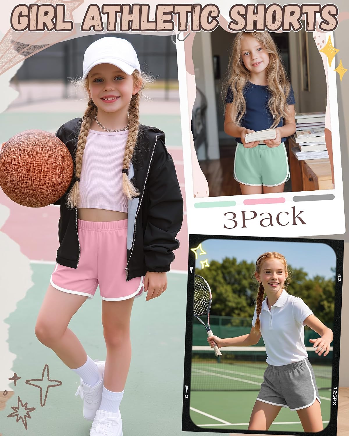 3 Pack Girls Shorts Teen Girls Athletic Shorts with Pockets Kids Summer Workout Active Shorts for Running Soccer