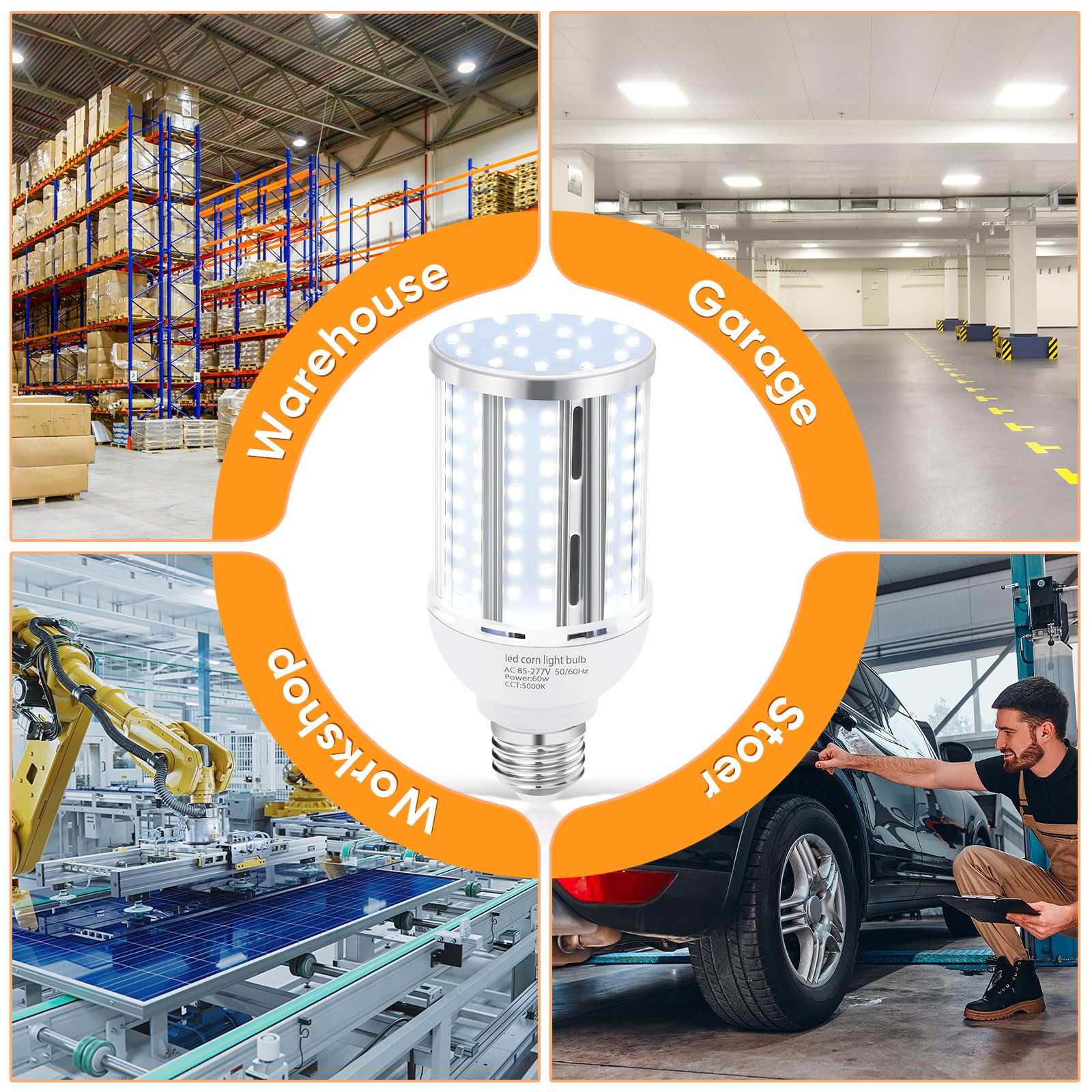 Bombilla LED de maíz de 60 W (paquete de 2), (equivalente a 600 vatios) sin ventilador E26/E39 mediano/grande, base de mogul LED, lámpara de mazorca de 5000 K, luz diurna 6.900 lm, para exteriores