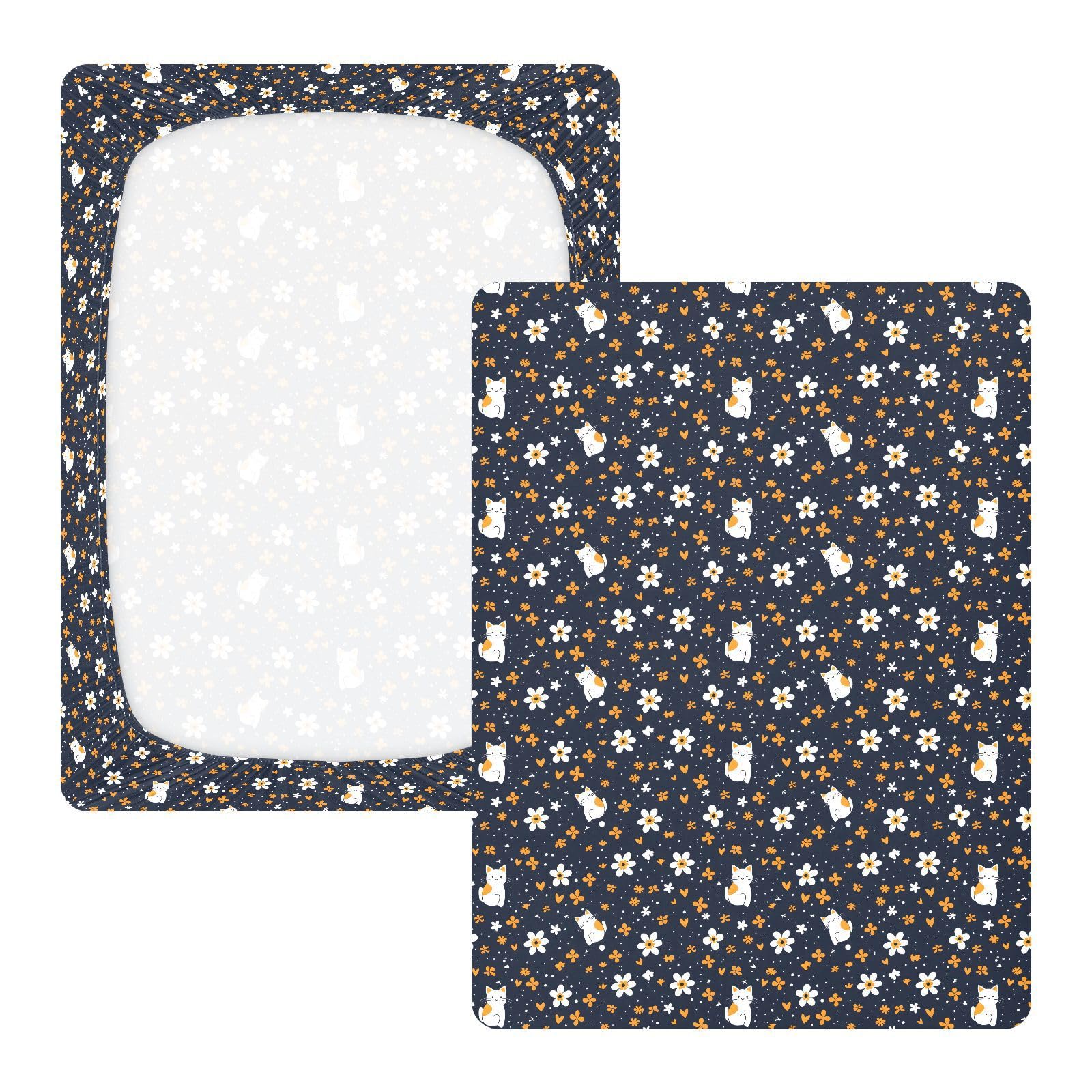 Babybettlaken mit Cartoon-Katzen- und Blumenmotiv, für Jungen und Mädchen, weiches Spannbetttuch für Kleinkinder, Spielplatz und Mini-Kinderbett-Matratze, 68,6 x 99,1 cm