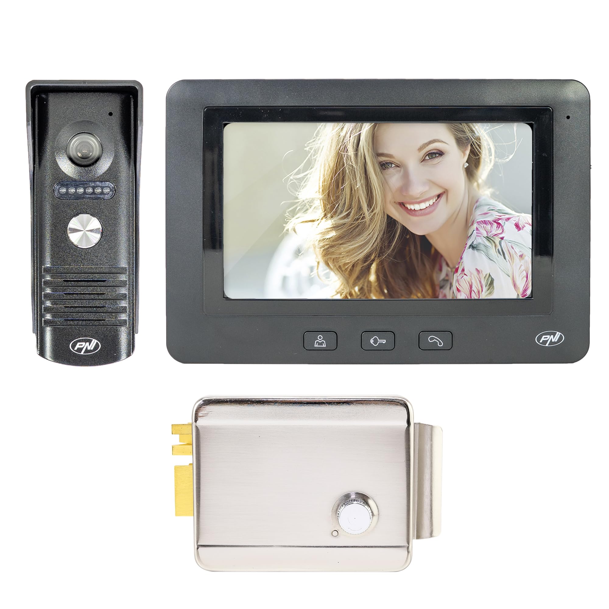 Videocitofono PNI DF930 con 1 monitor, display LCD da 7 pollici (800 × 480) e serratura elettromagnetica PNI H1073A