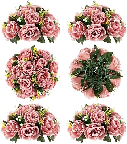 Miniatura 7 de BLOSMON Centros de mesa de bolas de flores para mesa, 6 piezas de centro de mesa de rosas falsas, flores azul polvoriento, arreglo floral de seda