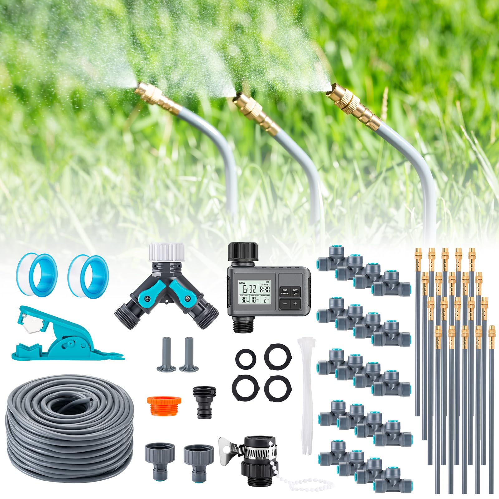 30M Garten Bewässerungssystem Frei Verstellbar mit Bewässerungscomputer | Tropfbewässerung Präziser Durchflussregelung, Sprinklersystem für Gewächshaus, Hochbeet, Terrasse, Balkontopfpflanzen