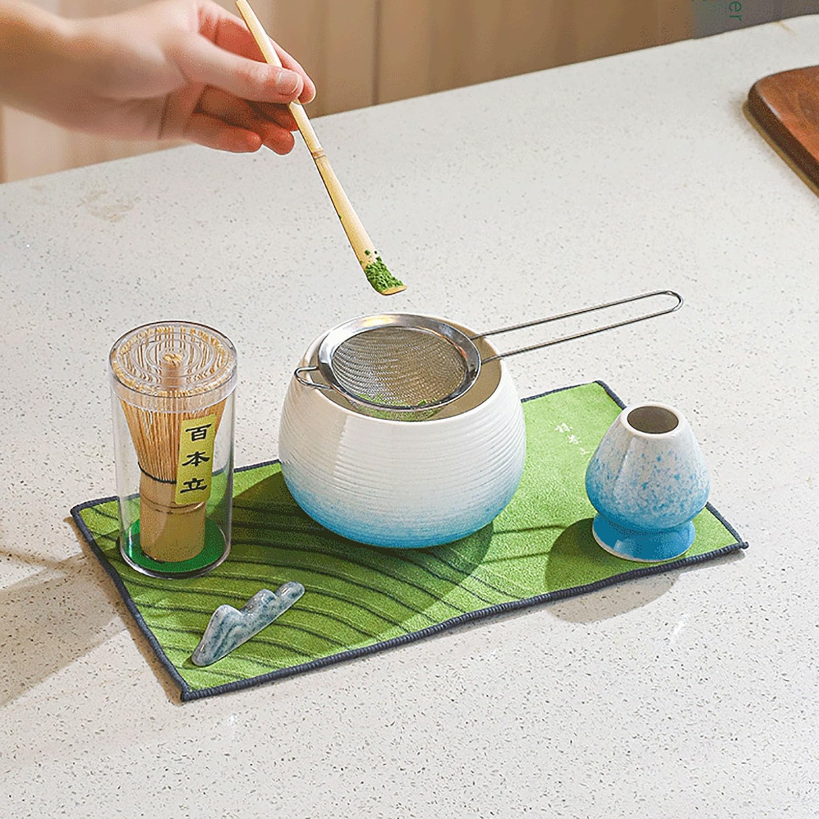 Kit Complet De Cérémonie De Thé Matcha 7 Pièces Complet Matcha Kit 7 Pièces, Bol Bec Verseur, Bambou Fouet, Support, Cuillère, Tamis INOX Et Accessoires - Idéal Cadeau(A)