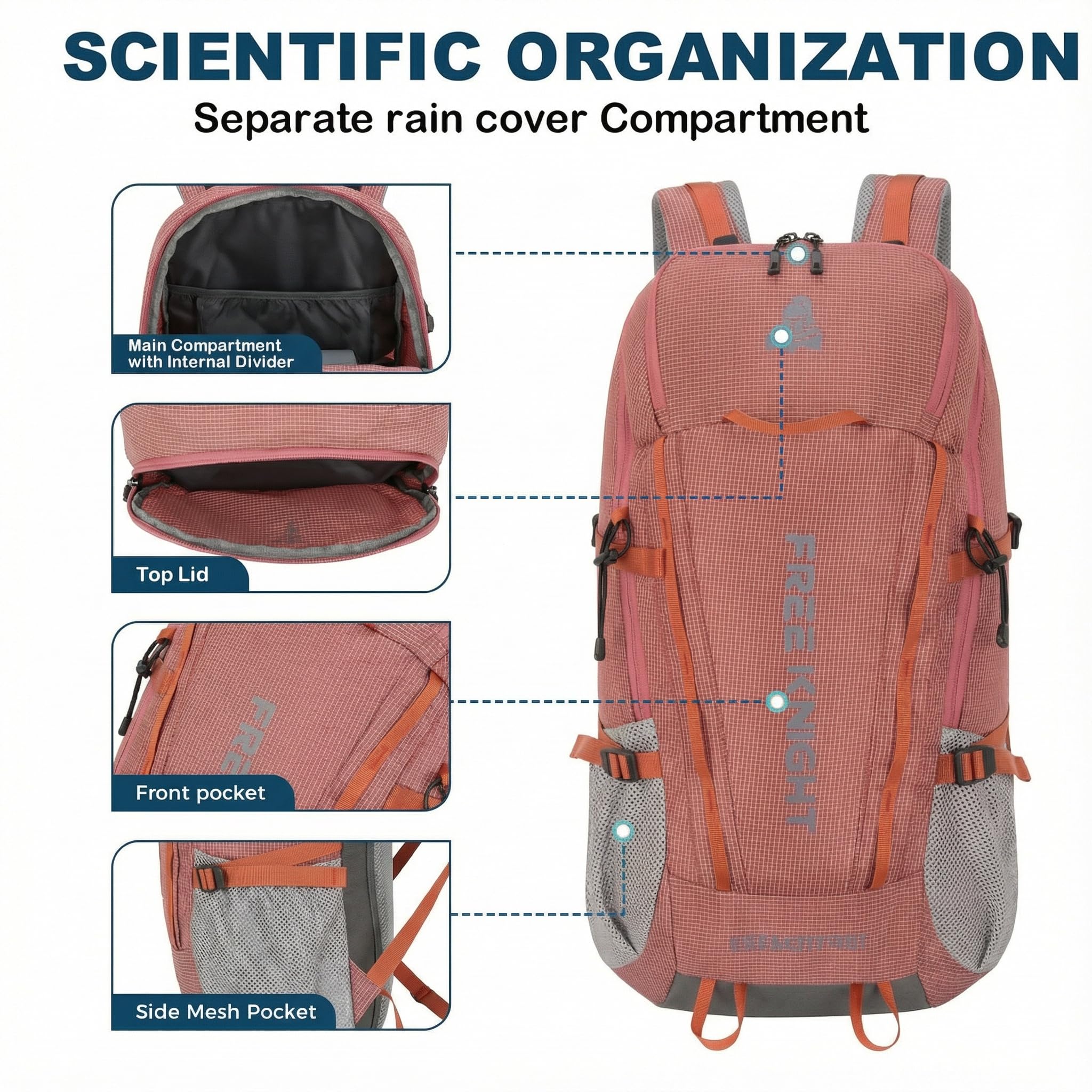 Bseash Sac à dos imperméable de 45 L avec housse de pluie, sac à dos de voyage pour escalade, ski, cyclisme