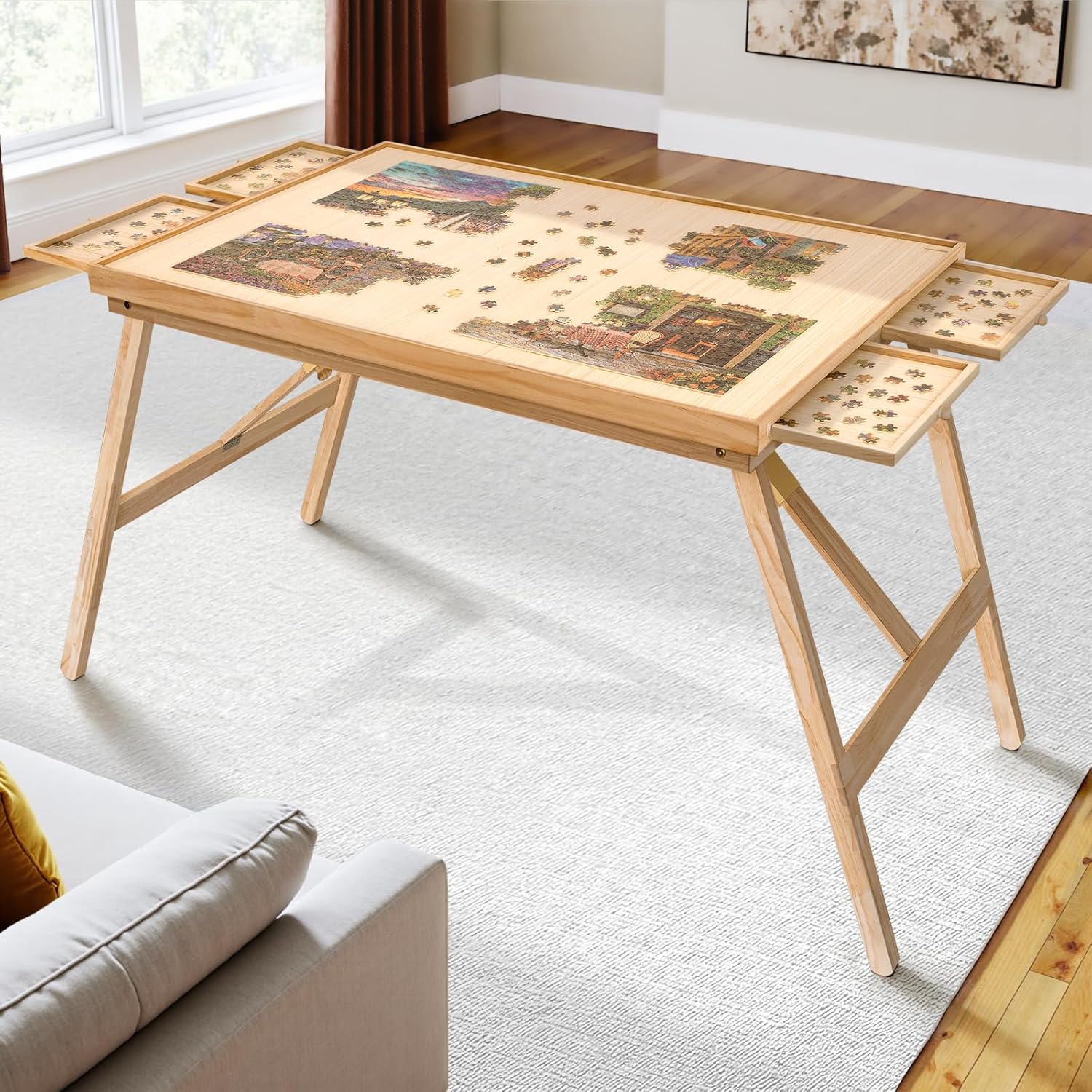 TEAKMAMA 27.6" H Tall 2000 Piece Puzzle Table with Legs, 41" W x 28.5" D Large Wood Folding Jigsaw Puzzle Board with Cover for Adults, 4 Drawers, Nature Natural 2000pc