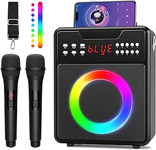 Karaoke Machine for Adults & Kids, Portable Karaoke Machine with 2 Wireless Microphones, Karaoke Speaker with LED Lights Supports USB/AUX in/TF Card for Home Party and Outdoor Event