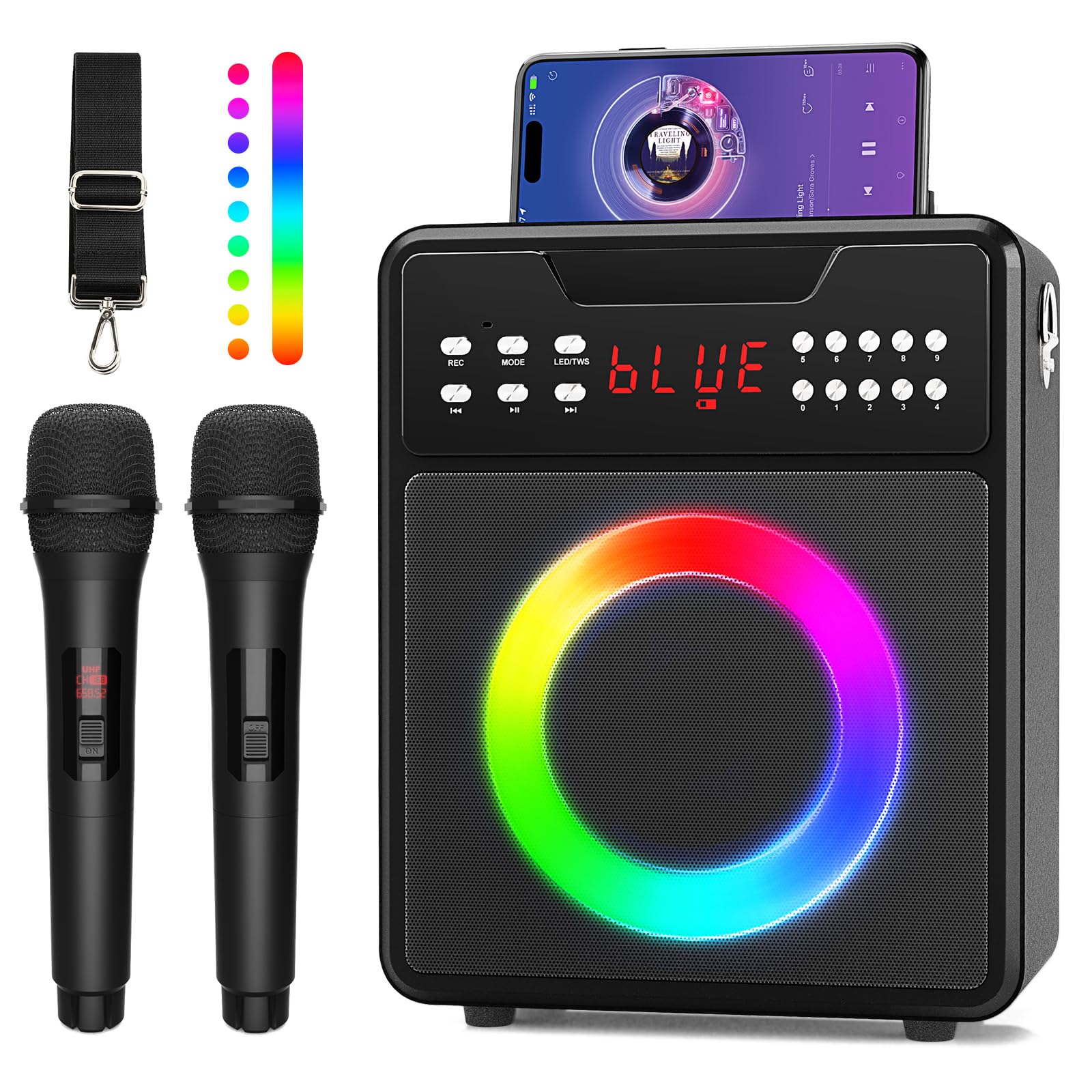 Máquina de karaoke para adultos y niños, máquina de karaoke portátil con 2 micrófonos inalámbricos, altavoz de karaoke con luces LED, soporta USB, entrada auxiliar, tarjeta TF para fiestas en casa y