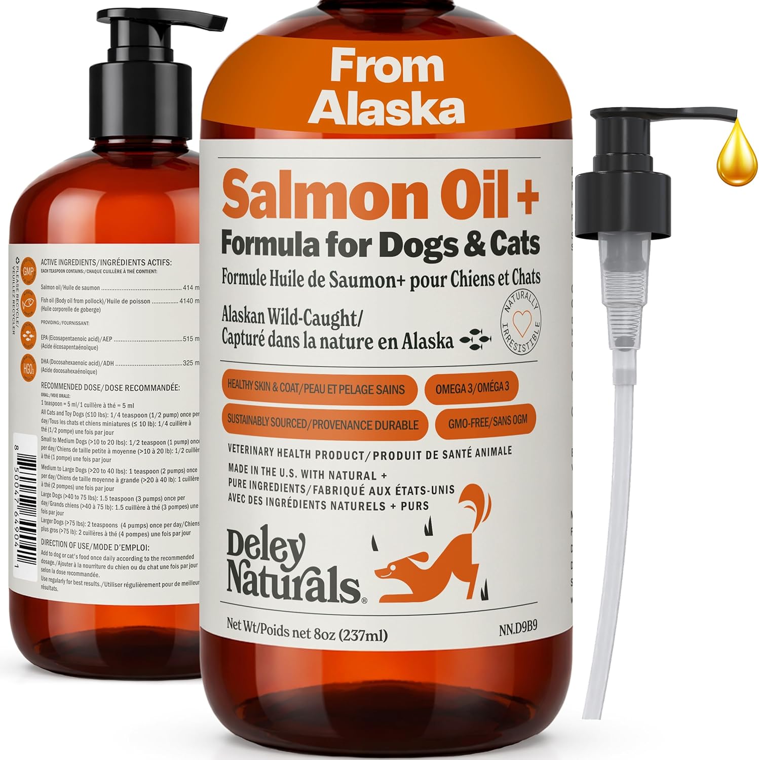 Deley Naturals Wild Alaskan Salmon Oil for Dogs & Cats – New & Improved Salmon Oil Plus Formula – Fish Oil for Dogs with DHA & EPA Fatty Acids – Omega 3 for Dogs Immunity, Healthy Skin & Coat – 237ml