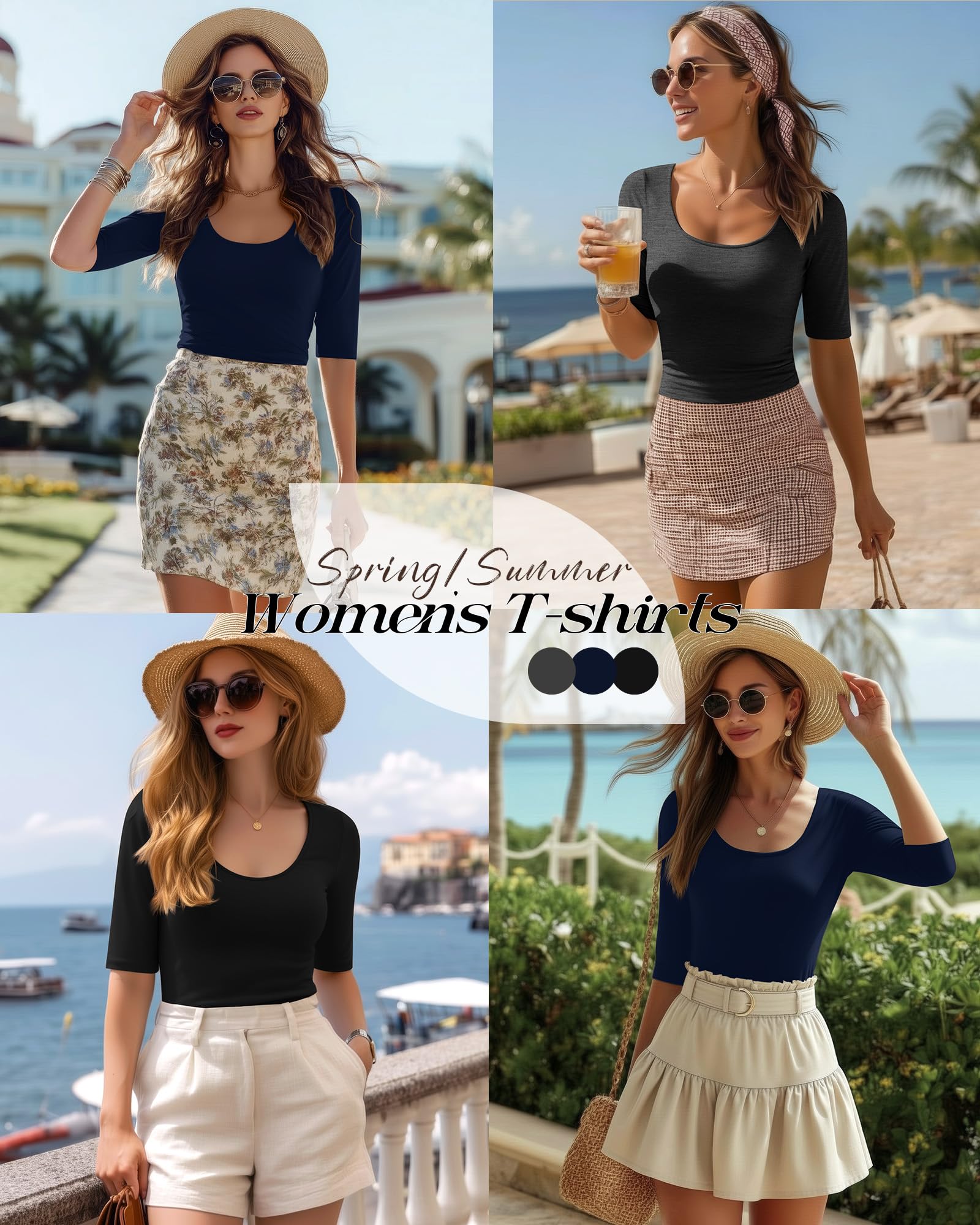 Neer Pack de 3 Tops Mujer Escote Redondo Manga Media Ajustados Estirables Mezcla Algodón Básicos Verano