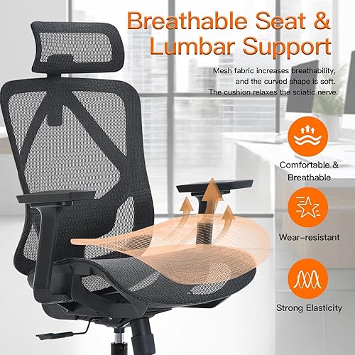 Miniatura 3 de Silla de oficina ergonómica con soporte lumbar, reposabrazos ajustable 3D, sillas de escritorio de oficina en casa de malla, silla giratoria para
