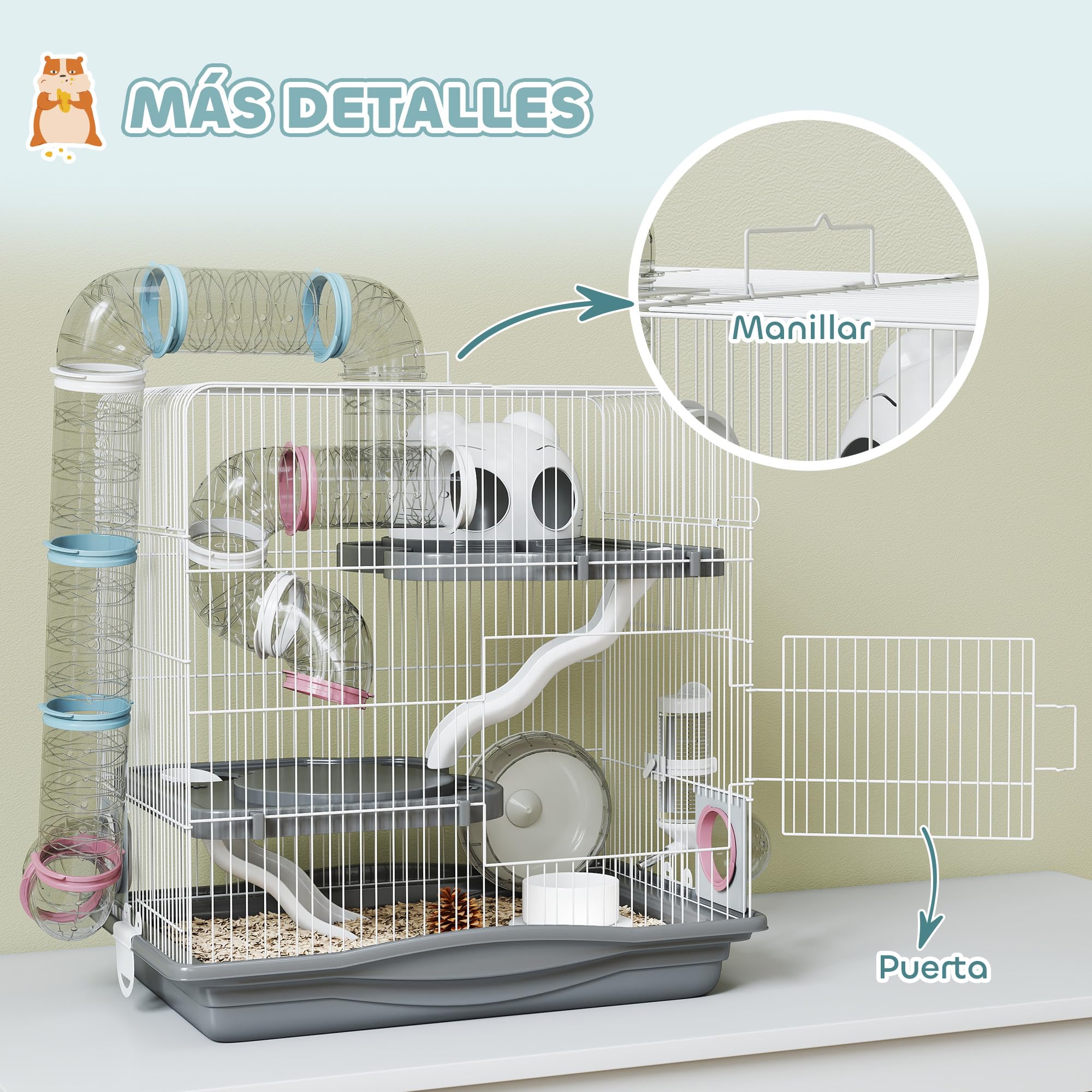 PawHut Jaula para Hámster, 45x30x45 cm, Casa para Animales Pequeños con Túnel, Plataformas, Cuenco, Bebedero, Casita, Rampas y Rueda de Ejercicio, para Hámsteres Enanos, Jerbos, Gris