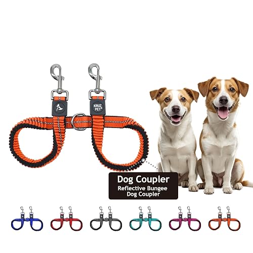 Kruz Double Dog Leash for Two Dogs, Orange, Medium, 17'-34'