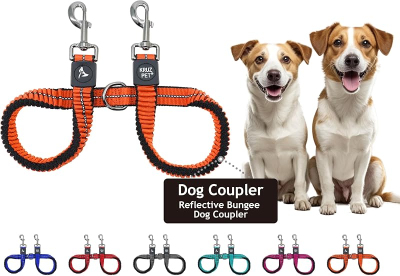 Guia Dupla para Dois Cães com Bungee Refletivo e Giro 360° KRUZ PET, Laranja, Médio
