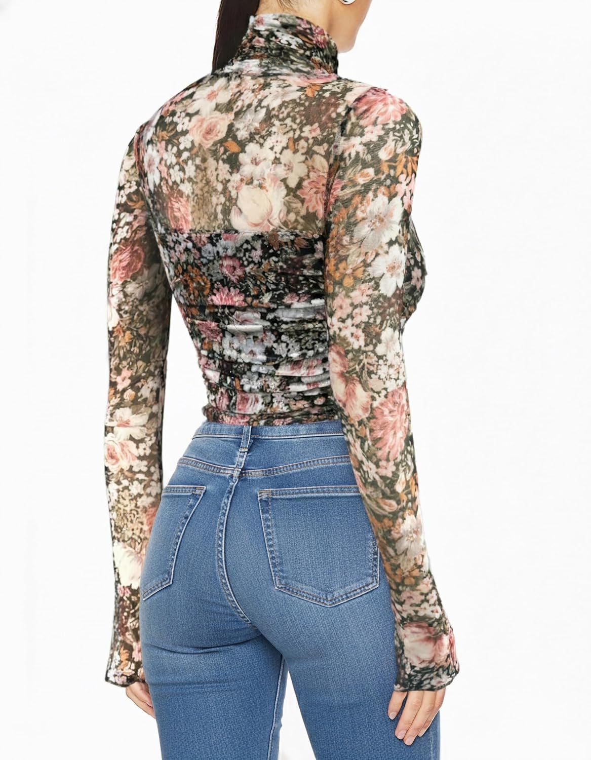 Women's Sexy Bodysuit for Outfits: Mock Turtle Neck Long Sleeve Body Suit - Mesh Sheer Ruched Going Out Bodysuits - Image 2