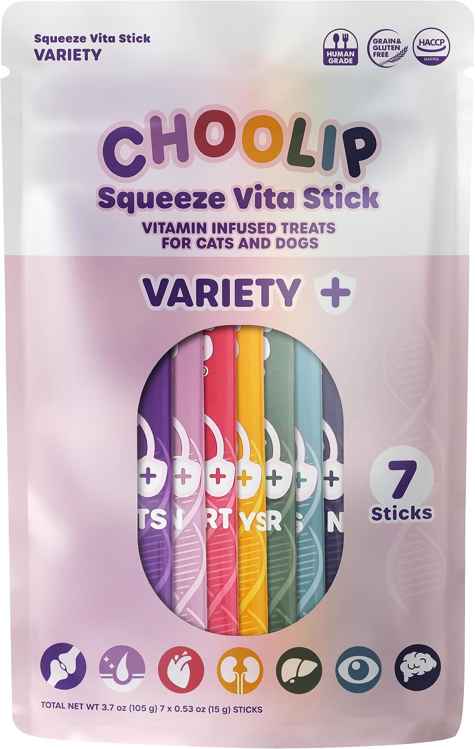 - Choolip Squeeze Vita Stick Lickable Cat and Dog Treats – 7-Count Variety Pack – Creamy Puree with Multivitamins for Joints, Skin, Heart, Kidney, Liver, Eyes & Brain – Grain-Free & Vet-Formulated
