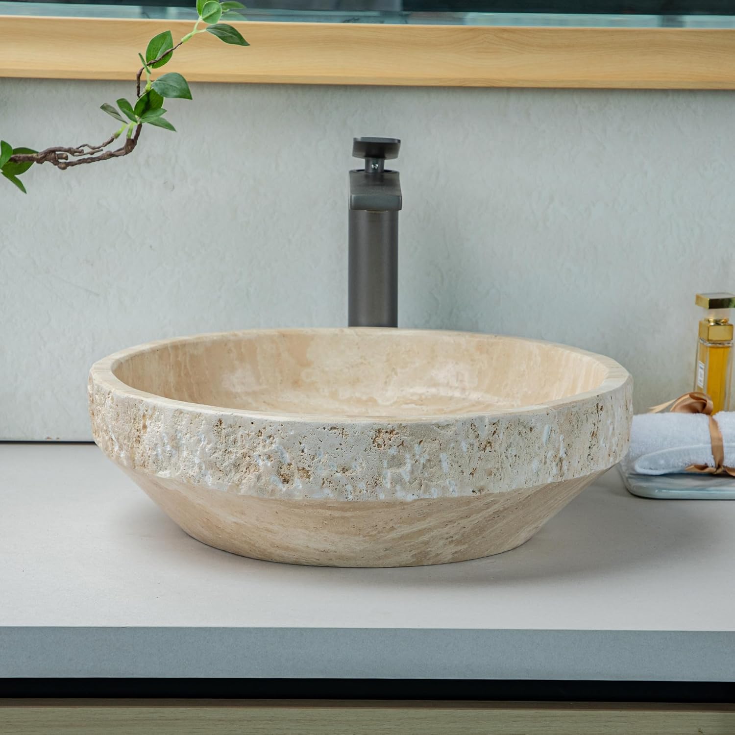 Natural Beige Travertine Round Bathroom Sink, Modern Rustic Chiseled Vanity Sinks - Hand Carved Marble - Real Stone Vanities (Handcrafted from natural beige travertine)