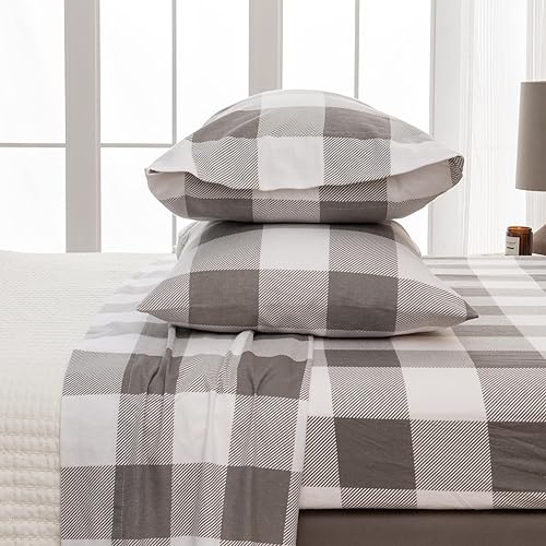Miniatura 3 de Great Bay Home - Juego de sábanas de franela de 100 % algodón turco a cuadros tamaño individual, con bolsillo profundo, suaves, cálidas, de doble