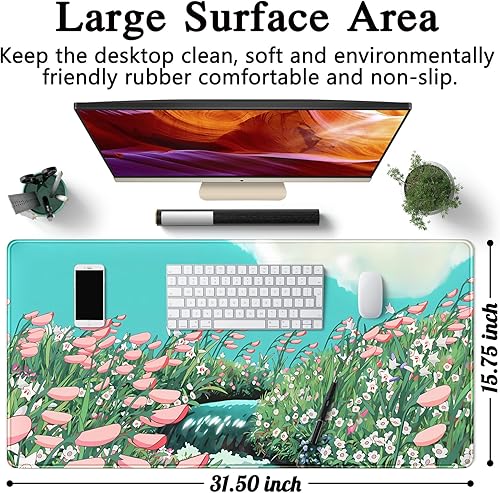 Miniatura 6 de Alfombrilla de escritorio con diseño floral de anime, color verde salvia, grande, XL, alfombrilla de mouse para juegos, teclado de escritorio,