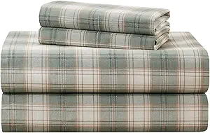 Comfort Spaces 100% Cotton Sheets Cal King, Breathable, Naturally Cool Cotton Sheets, Cotton Bed Sheets with 14" Elastic Pocket Fits up to 16" Mattress, All Seasons Sheet Set, Wesley Green 4 Piece