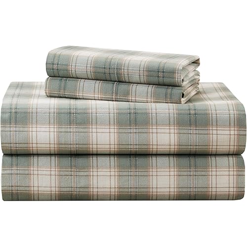 Comfort Spaces 100% Cotton Sheets Queen, Breathable, Naturally Cool Cotton Sheets, Soft Cotton Bed Sheets with 14" Elastic Pocket Fits up to 16" Mattress, All Seasons Sheet Set, Wesley Green 4 Piece