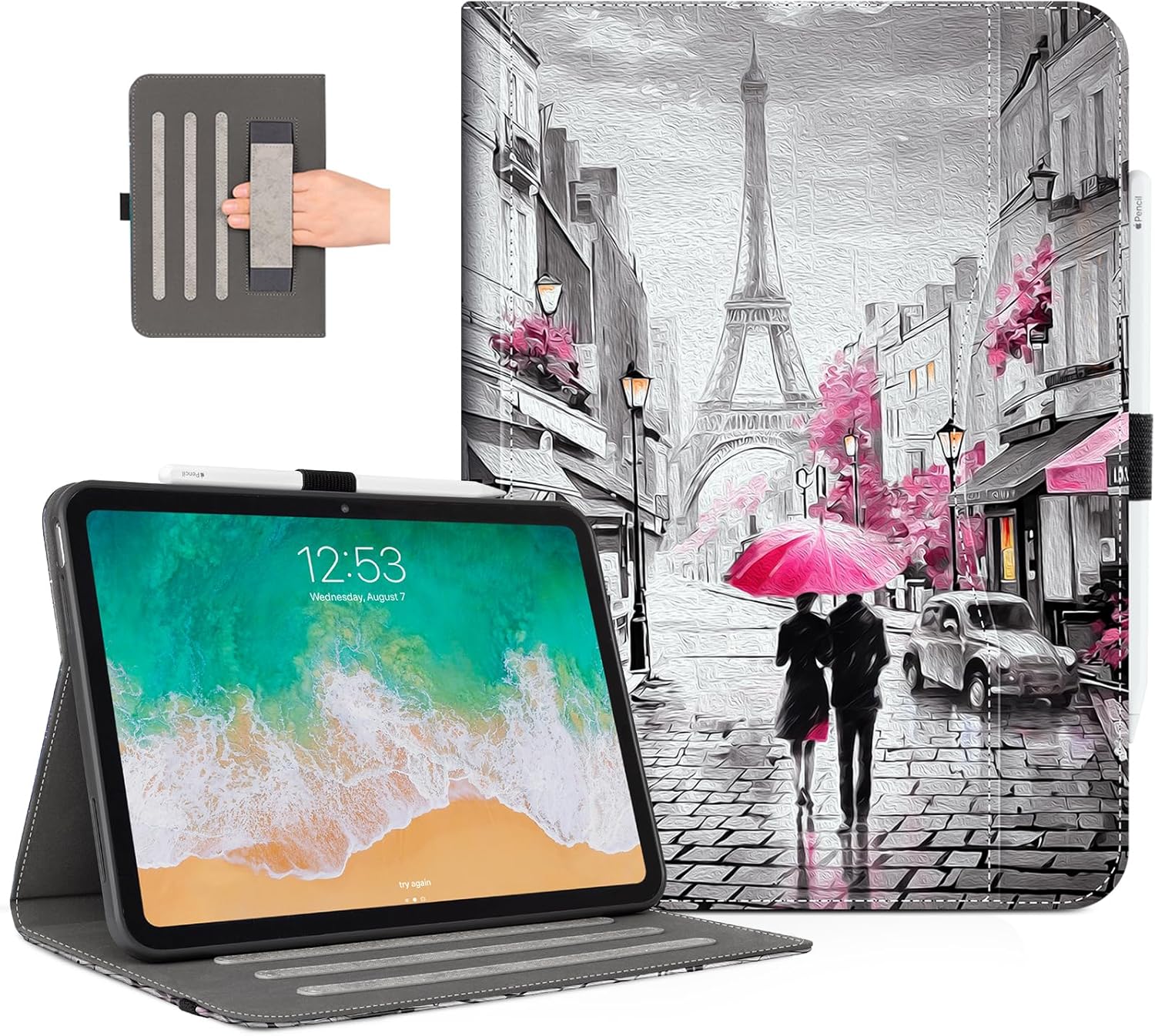 Lokigo New for iPad (A16)11th Generation Case 11 Inch 2025, iPad 10th Generation Case 10.9 Inch 2022, Pink Gray Protective Multi-viewing Stand Cover with Pencil Holder, Auto Wake/Sleep, Lover in Paris