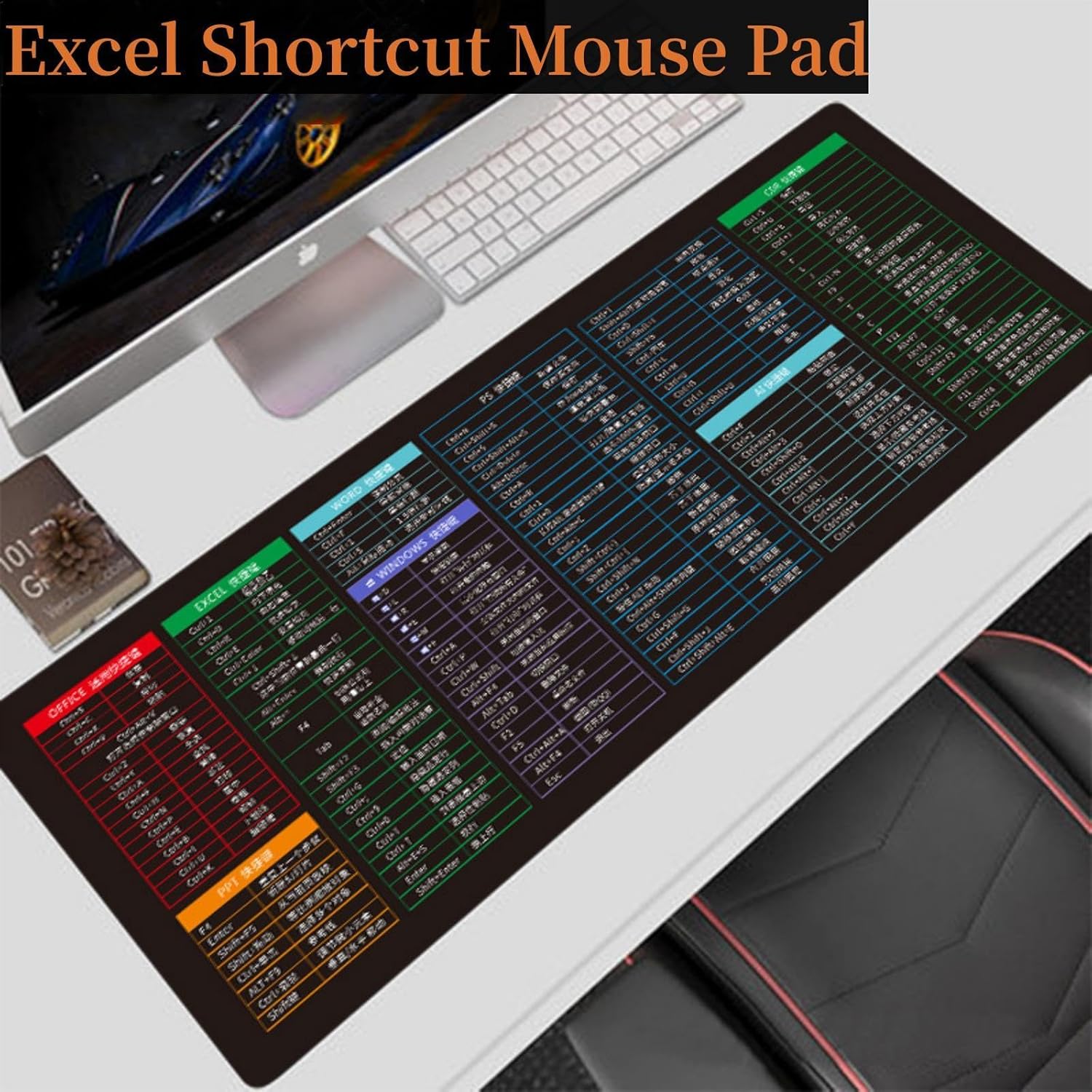 Extended Gaming Mouse Pad Desk Mat,Excel Shortcut Mouse Pad,Quick Key Super Large Anti-Slip Keyboard Pad with Office Software Shortcuts Pattern Mousepad for Home Office 35.4 X 15.7inch