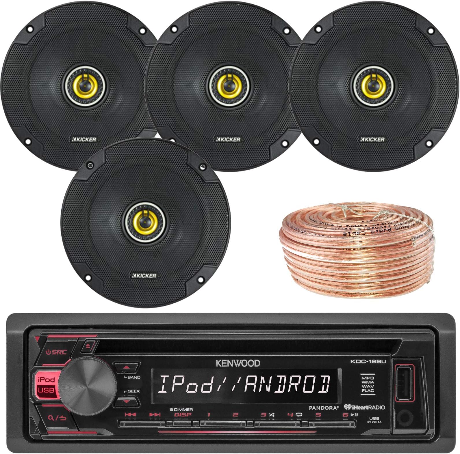Kenwood Single DIN CD Player Receiver USB AUX Radio Car Receiver - Bundle Combo with 4X Kicker 6.5" Inch 300-Watt Car Audio 2-Way Coaxial Speakers + Enrock 50 Foot 18 Gauge Wire