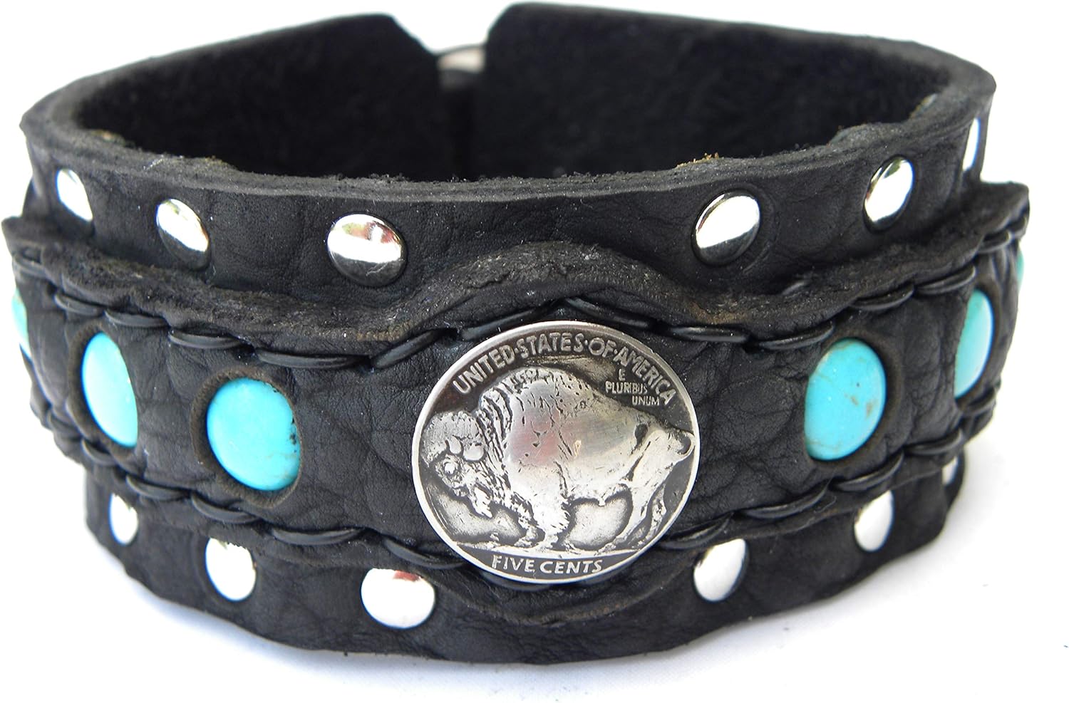 Authentic Buffalo Indian Nickel coin bracelet Buffalo Bison leather sizable adjustable buckle closure nice gift turquoise color gemstone
