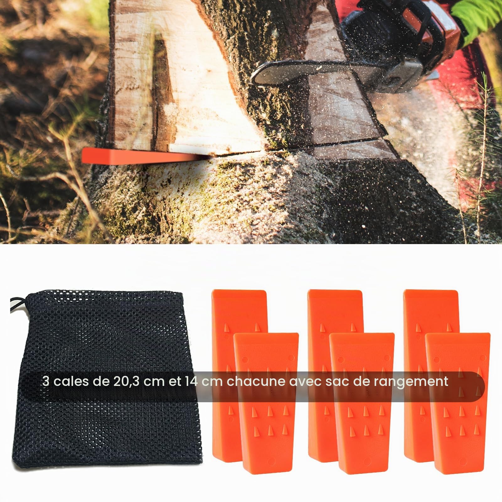 Lot de 6 Cales d'abattage d'arbres avec Pointes pour Une Coupe sûre des Arbres – 3 Cales de 20,3 cm et 14 cm avec Sac de Rangement ; 6 Chiens d'abattage pour Guider Les Arbres stabiliser et en Toute