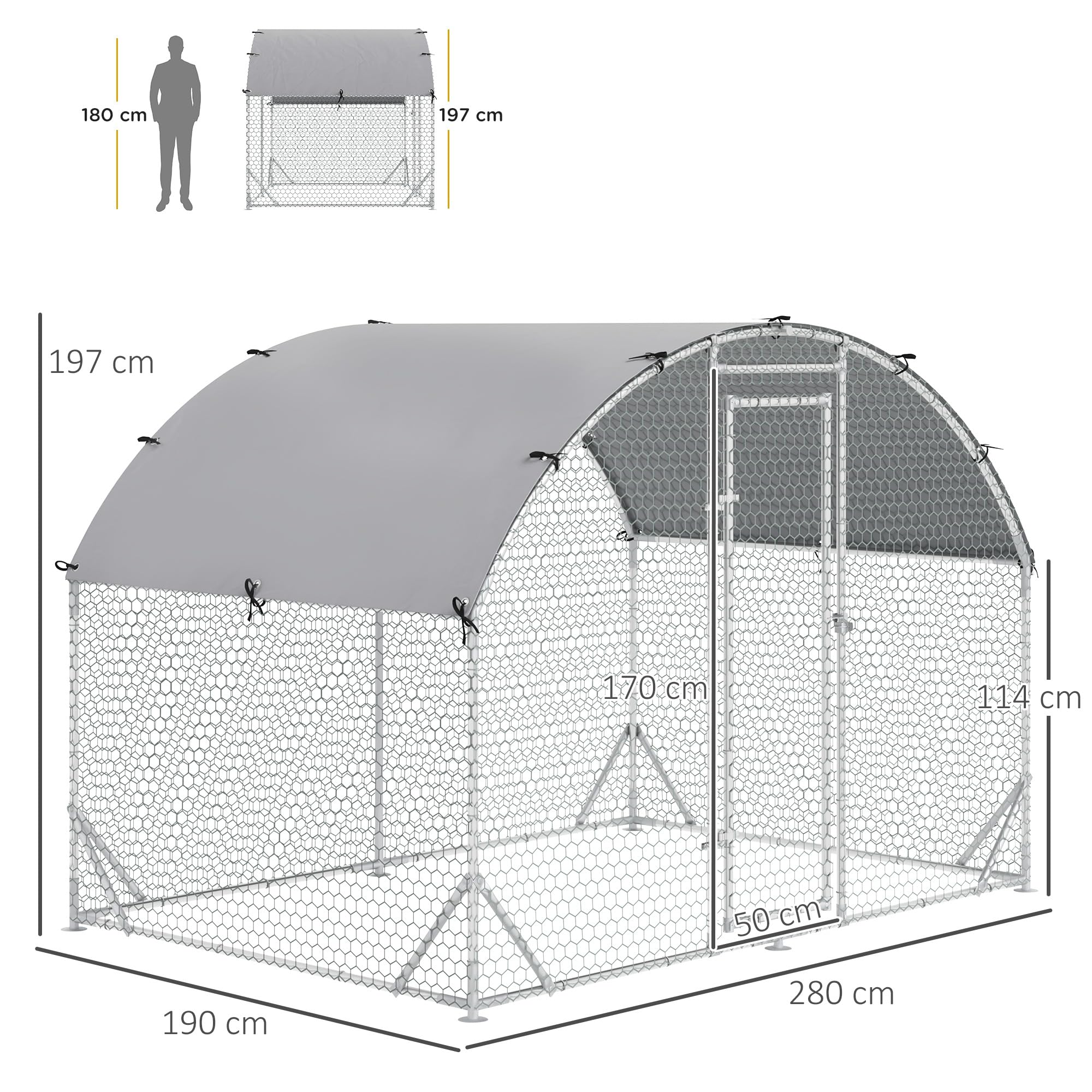 PawHut Kurnik wybieg ze stali 280 x 190 x 197 cm Srebrny | Klatka dla kur z osłoną odporną na UV, drzwi, dla 4-6 kur, małe zwierzęta