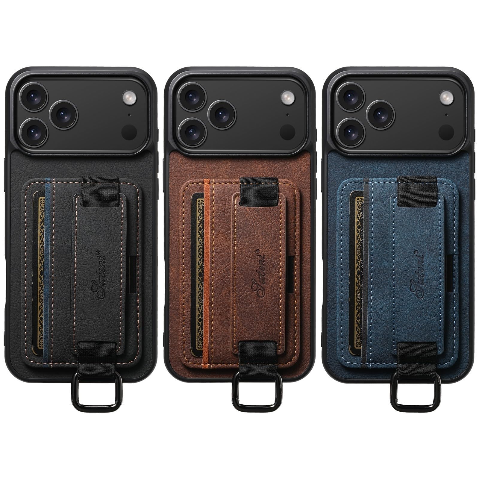 Generic Funda compatible con iPhone 15 (color: negro), cartera de piel, correa de mano, funda trasera de silicona