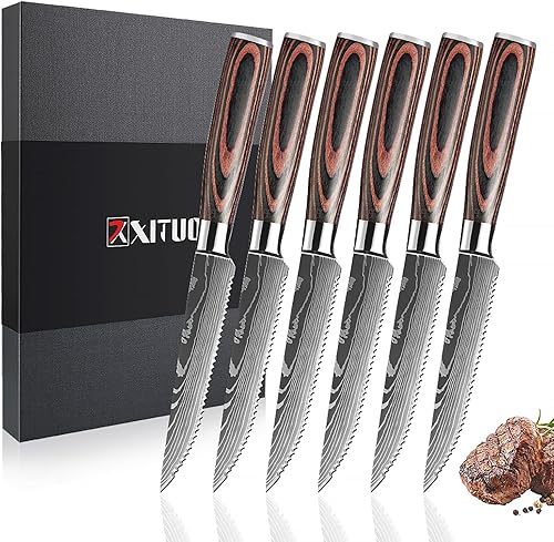 Miniatura 8 de XT XITUO Juego de cuchillos de carne dentados  6 cuchillos de cocina de alta calidad de 4.5 pulgadas, cuchillo de acero inoxidable alemán con mango