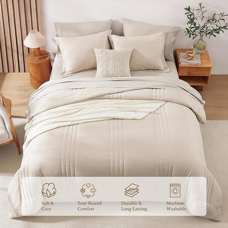 Queen Comforter Set-7 Pieces Beige Soft Bed in a Bag Queen Bedding Sets image 3