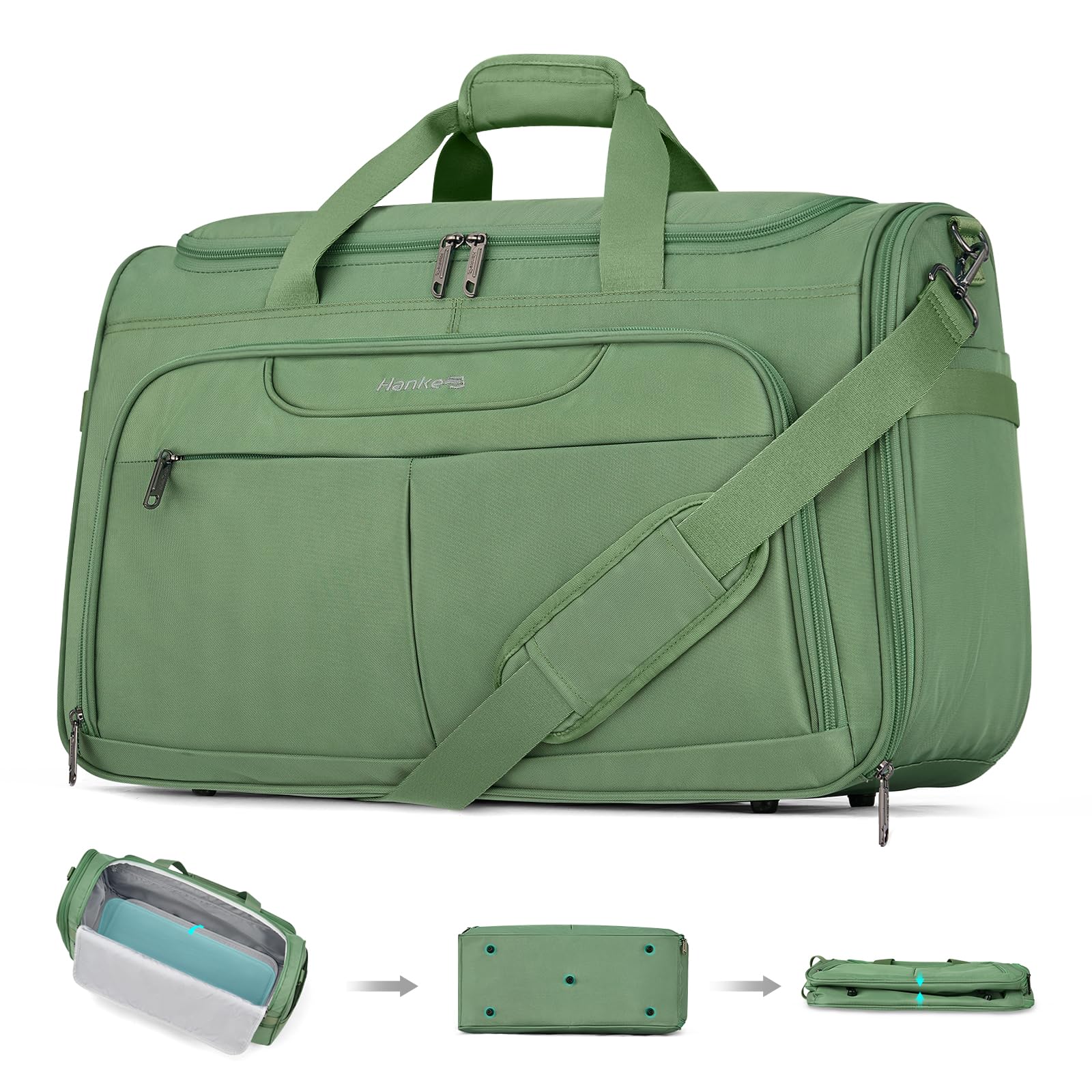 Hanke 36.5L Faltbare Reisetasche Leichte wasserdichte Handgepäck Tasche Sporttasche Damen Carry on Luggage Cabin Bag Gym Bag Travel Bag für Herren Damen, Waldgrün