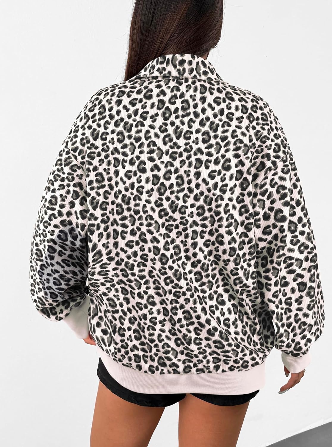 Hilinker Womens Cheetah Print Oversized Sweatshirt Half Zip Pullover Corduroy Long Sleeve Tops - Image 3