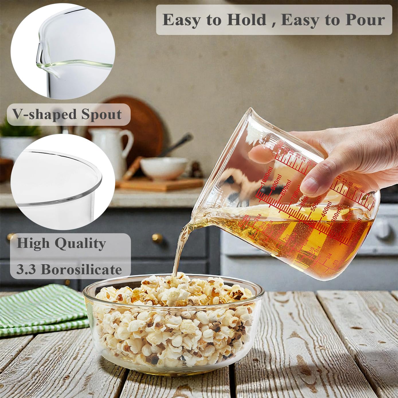 Vaso medidor de vidrio de borosilicato alto, boquilla en forma de V, vaso medidor de vidrio para cocina o restaurante, fácil de leer, 1000 ml (32 onzas, 4 tazas)